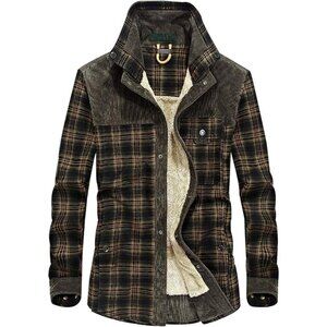 Men's Light Green Long Sleeve Sherpa Lined Flannel Shirt Jacket Fleeces